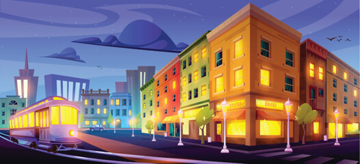 Obraz premium Night city street cartoon vector shop building with urban skyscraper view. Isometric apartment illustration near tram in town with nobody in evening. Retro game architecture 2d graphic wallpaper