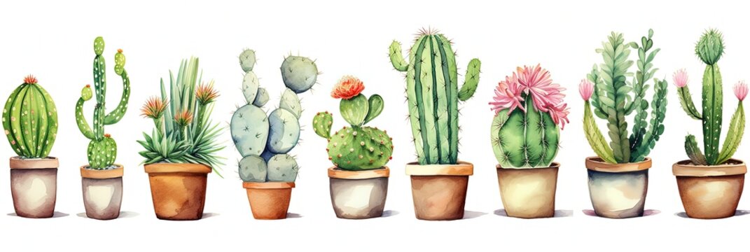 Cactus potted, watercolor painting. © Yize