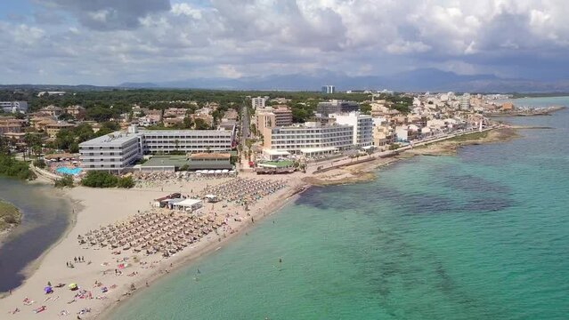 Cityscape and beach drone landscape panorama Can Picafort, Balearic Islands Mallorca Spain. Vacation concept.