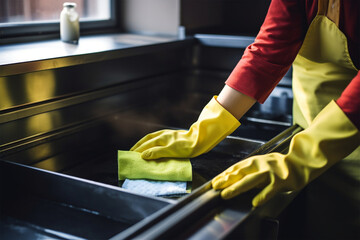 Domestic female hand wearing gloves cleaning dirty stove after cooking using sponge for washing woman housewife,generative.ai