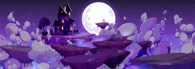 Mystery floating rock islands, fantasy sky road to magic castle vector background. Medieval kingdom fairytale landscape illustration at night. Halloween fortress silhouette with cloud and moonlight. © klyaksun