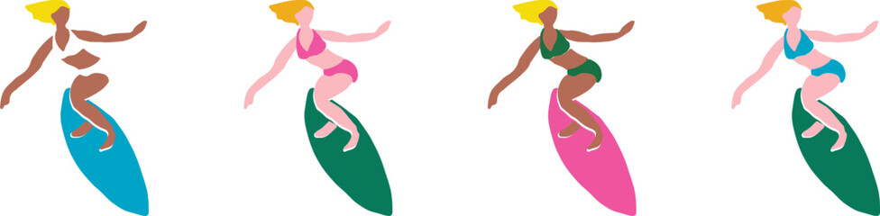 おしゃれなサーフィンをするブロンドヘアーのビキニを着た女性のセット