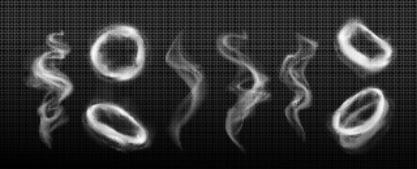 Hookah vape smoke circle and tornado vector effect. 3d realistic abstract white cigarette cloud steam swirl set. Isolated mist flow motion frame and wave curve illustration on black background.