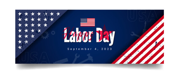 Happy Labor day sale web ad banner template with blue background, flag, star, equipment