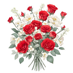 Fototapeta premium Watercolor of Bouquet of red roses and gypsophila on transparent background,generative ai