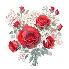 Fototapeta premium Watercolor of Bouquet of red roses and gypsophila on transparent background,generative ai