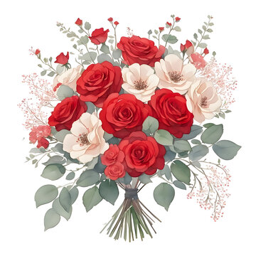 Watercolor of Bouquet of red roses and gypsophila on transparent background,generative ai
