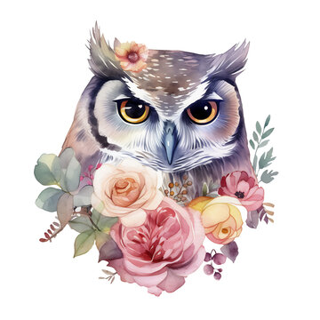 Portrait of a smiling realistic owl in watercolour tones. Portrait of a cute owl with a wreath. Vector illustration of wild animal and tropical flowers, design for children, logo, design blank