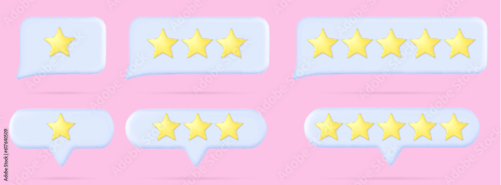 Poster 3d chat dialog speech box with star rating vector. white message balloon icon for ui customer feedba