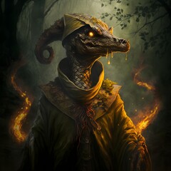 strange sorcerer kobold with golden scaly skin a large head with large golden snakelike eyes in a misty dark forest fire smirking hero pose from waste up hyperrealistic  - obrazy, fototapety, plakaty