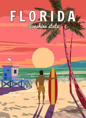 Florida Soutn Beach Retro Poster, surfer with surfboard. Lifeguard house on the beach, palm, coast, surf, ocean. Vector illustration vintage - obrazy, fototapety, plakaty