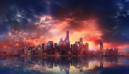 Fototapeta na wymiar Modern city skyline illuminated by sunset, reflecting on water generated by AI