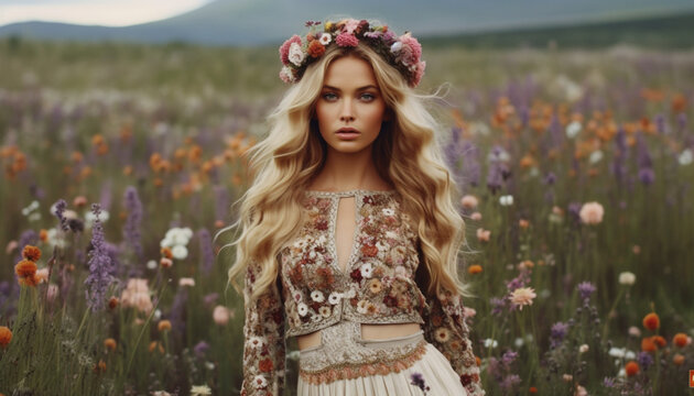 One beautiful woman with blond hair in a meadow of flowers generated by AI