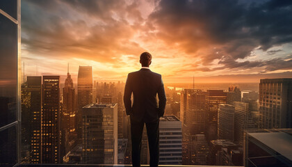 Fototapeta na wymiar Confident businessman standing on rooftop, overlooking city skyline at sunset generated by AI