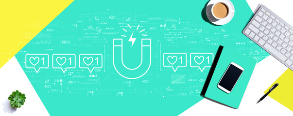 Get more likes concept with a computer keyboard and office items