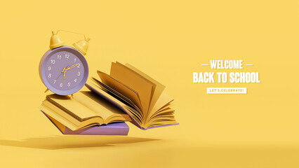 Back to school with School bus with school accessories and books on yellow and purple background. 3D Rendering, 3D Illustration. Sale horizontal banner template
