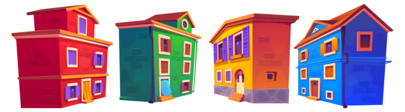 Old italy town street house cartoon vector illustration set. Vintage italian village or european city neighborhood view. Mediterranean architecture icon scenery design. Tuscany landmark image