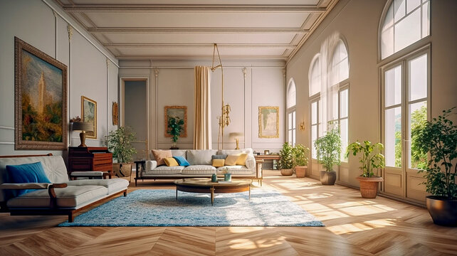 Living room interior in baroque style. Generative AI