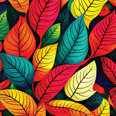 Beautiful hand-drawn and rainbow-colored abstract leaves pattern