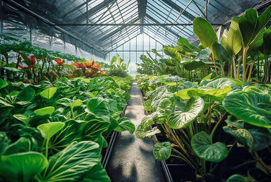 Greenhouse of green plants and flowers. Generative AI