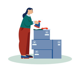Young female from volunteer organization packing boxes with clothes. Charity donation, boxes with humanitarian aid to people in need. Flat vector illustration in blue and red colors