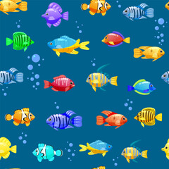 Tropical fishes cartoon seamless pattern. Cute funny underwater characters