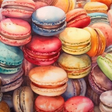 Many macarons in a closeup image. (Watercolor style, Generative AI)