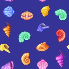 Seamless pattern tropical shells cartoon. Cute funny underwater characters