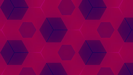 Pattern with cubes and hexagon shapes. Vibrant geometric background for cover, website, poster. Blue and purple elements on crimson pink backdrop. Abstract honeycomb grid. Translucent glass texture