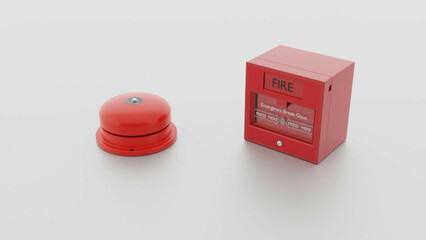 Break glass fire alarm and fire alarm bell, 3d rendering illustration 
