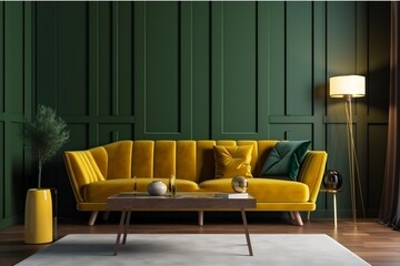 interior trendy contemporary wall living comfortable sofa room lamp living room render empty modern. Generative AI.