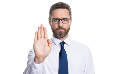 man show no at studio, prohibition. man with no gesture on background.