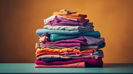 Pile of clothing on table empty space background, illustration for product presentation template, copy space. 