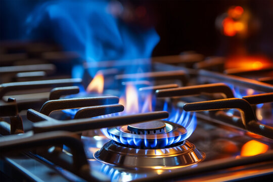 Modern kitchen stove  natural gas burns with a blue flame. household gas consumption. close-up  selective focus,generative.ai
