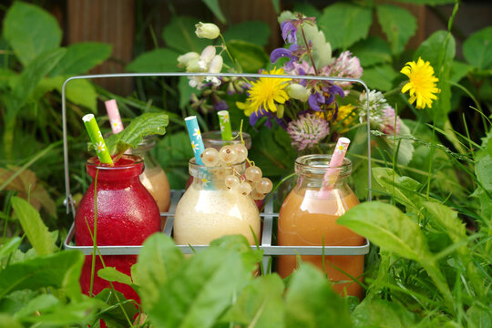 verschiedene Fruchtsmoothies im Garten