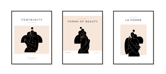 Contemporary abstract poster collection. Nude female body, woman silhouette, minimalist feminine boho design. Mid century Beauty, Femininity concept, prints set for wall art decor. Vector illustration