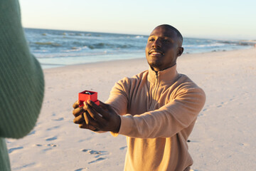 Happy african american man kneeling with ring and proposing to girlfriend on sunny beach - Powered by Adobe