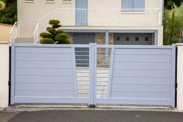 door grey steel high gate modern design aluminum portal of home suburbs house in street view