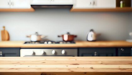 kitchen interior. Wood table top on blurred kitchen background,  house, building, old,  AI generated	