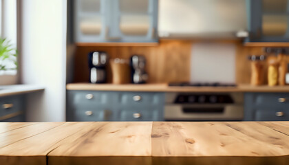 kitchen utensils on a table, Wood table top on blurred kitchen background,  home, table, kitchen, floor, wooden, furniture,  AI generated	