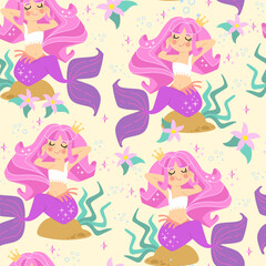 Seamless pattern with beautiful mermaid pink vector