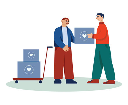 Workers from volunteer organization sending humanitarian aid. Charity donation, boxes with clothes to people in need. Volunteer help and support. Flat vector illustration in blue and red colors