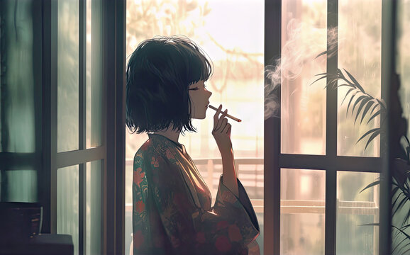 Young Japanese woman smoking by the window, Generative AI