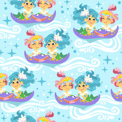 Seamless pattern with funny mermaids and stingray vector
