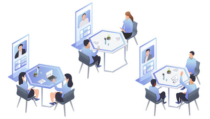 Isometric hiring and recruitment concept, Online Interview, Remote Communication with Colleagues. recruitment agency HR interview. Recruitment and career beginning. Vector illustration, background