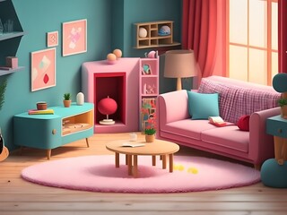 Minimalist living room interior design made from miniature fabrics and colorful wool threads. Illustration of a family living room interior in the style of children's cartoon animation.