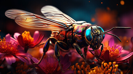 A portraight of colorful realistic mythical fly with sharp eyes and vibrant colors. 
