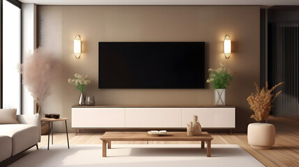 Smart TV on the cream color wall in living room,minimal design.