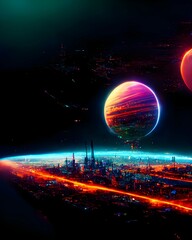 planets collision cyberpunk futuristic colorful neon lights super detailed 8k 