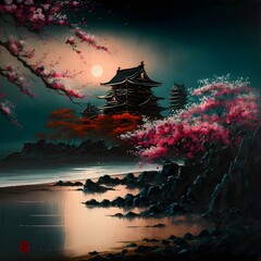 Japanese landscape night style oil painting with a beach and the emperors castle with samurai along with pink flowering trees and shades of red 